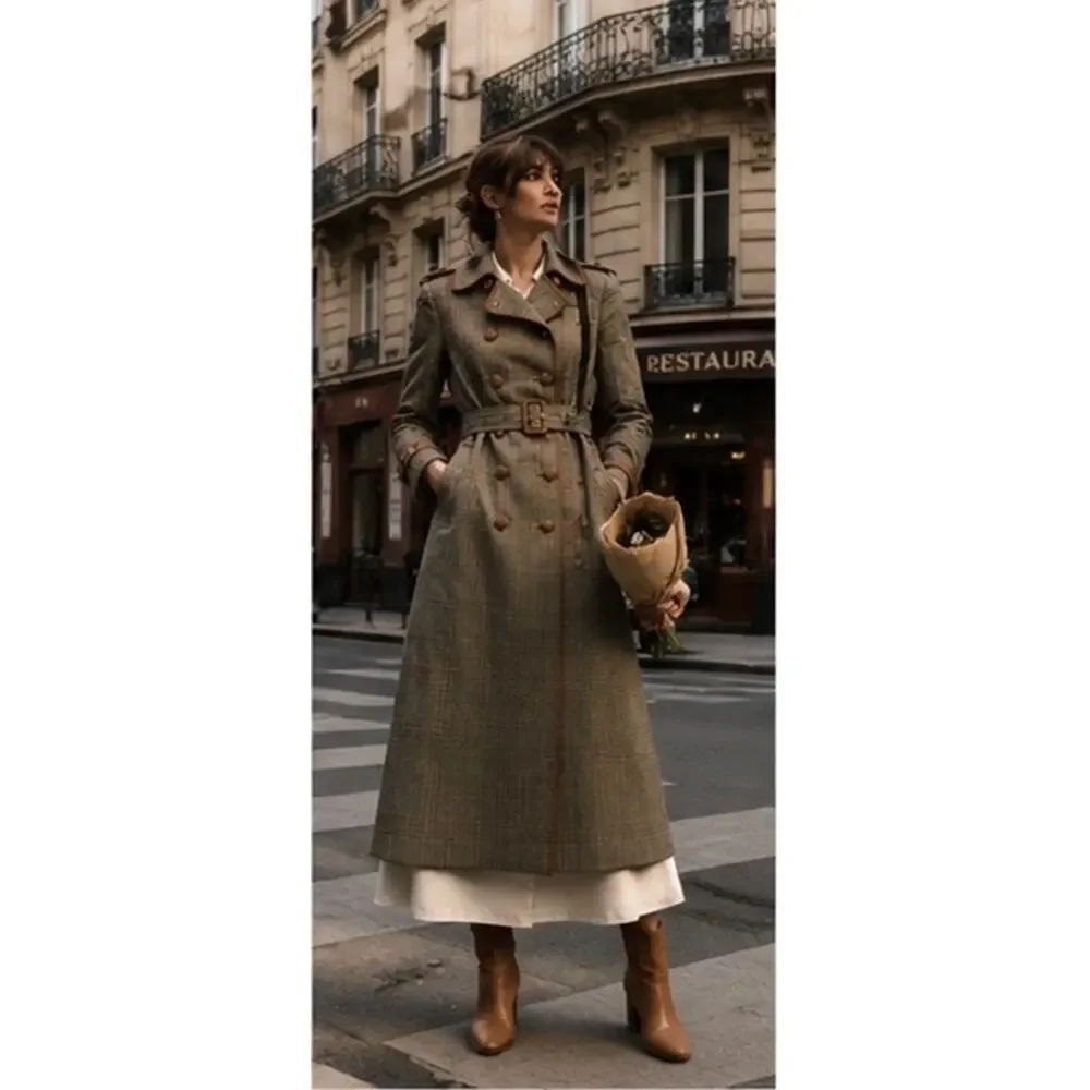 Tory Burch Glen Plaid Belted Trench Coat Leather Trim XS US2